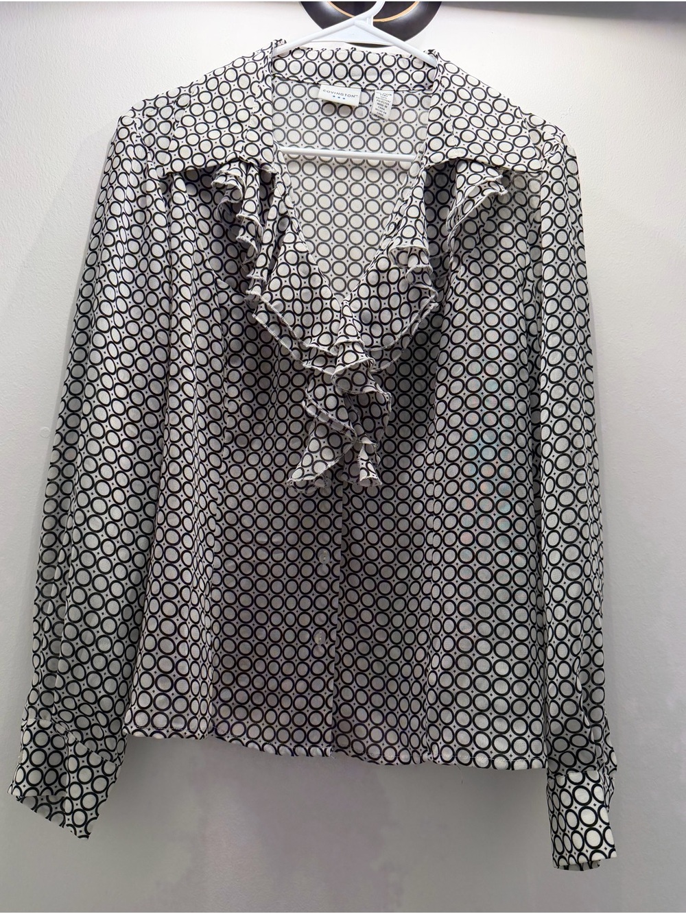 Covington Black & White Circle-Print Ruffle Blouse Sz XL EUC